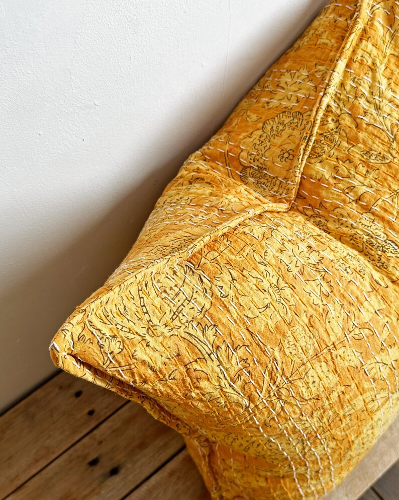 Yellow Floral Block Printed Square Cushion - Indian Cotton With Kantha Hand Stitching Detail - Handmade in the UK