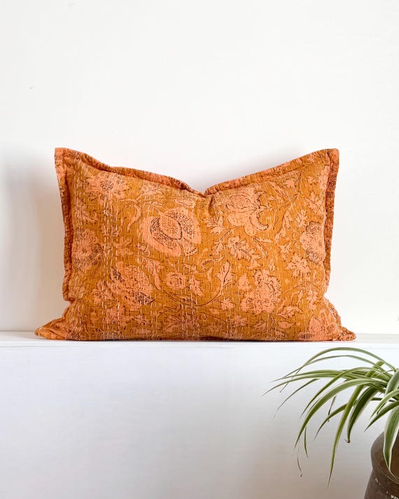 Orange Floral Kantha Cushion Cover: Block Printed Indian Cotton
