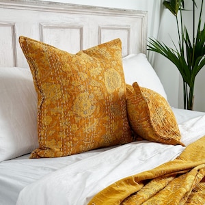 Yellow Floral Block Printed Square Cushion - Indian Cotton With Kantha Hand Stitching Detail - Handmade in the UK