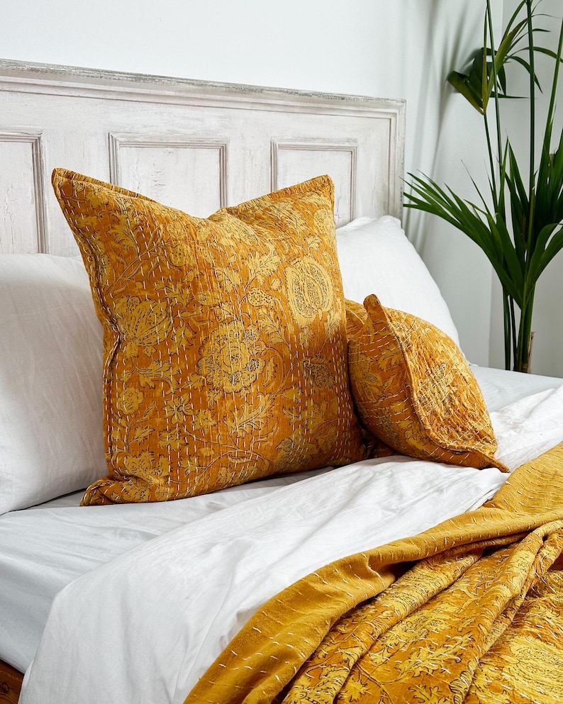 Yellow Floral Block Printed Square Cushion - Indian Cotton With Kantha Hand Stitching Detail - Handmade in the UK