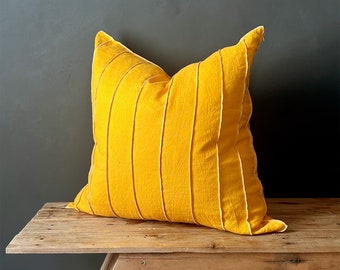 Bright Yellow Linen Cushion - Square With Textured Serged Stripes- 4 Sizes Available