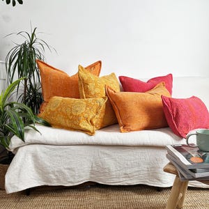 Yellow Floral Block Printed Square Cushion - Indian Cotton With Kantha Hand Stitching Detail - Handmade in the UK