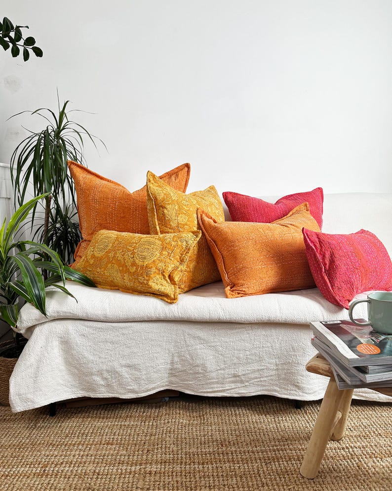Yellow Floral Block Printed Square Cushion - Indian Cotton With Kantha Hand Stitching Detail - Handmade in the UK