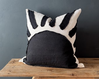 Sunset Black and White Cushion With Abstract Sun Pattern - Rustic Cotton With Linen Appliqué - Handmade In The UK - Choose From 4 Sizes