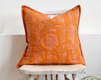 Orange Cushion Cover: Block Printed Indian Kantha Cotton, Hand-Stitched