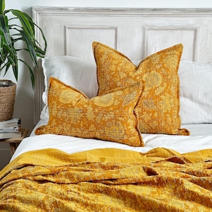Yellow Floral Block Printed Square Cushion - Indian Cotton With Kantha Hand Stitching Detail - Handmade in the UK