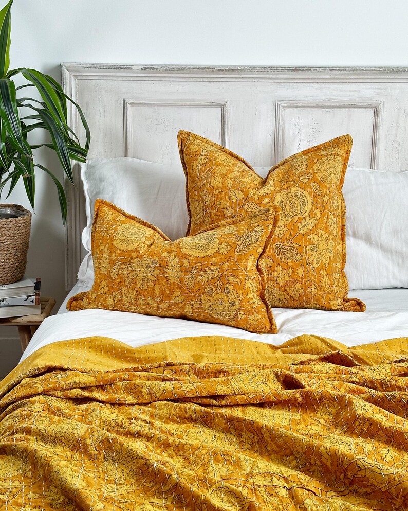 Yellow Floral Block Printed Square Cushion - Indian Cotton With Kantha Hand Stitching Detail - Handmade in the UK
