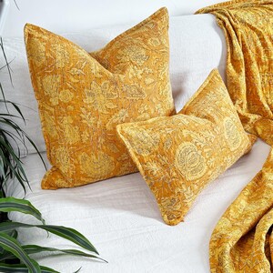 Yellow Floral Block Printed Square Cushion - Indian Cotton With Kantha Hand Stitching Detail - Handmade in the UK