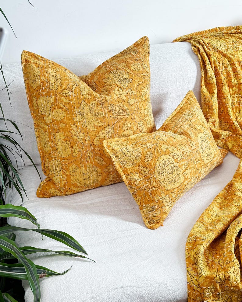 Yellow Floral Block Printed Square Cushion - Indian Cotton With Kantha Hand Stitching Detail - Handmade in the UK