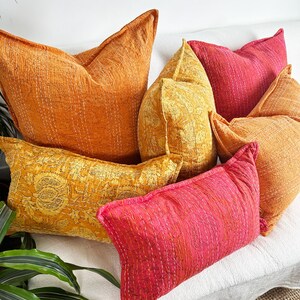 Yellow Floral Block Printed Square Cushion - Indian Cotton With Kantha Hand Stitching Detail - Handmade in the UK