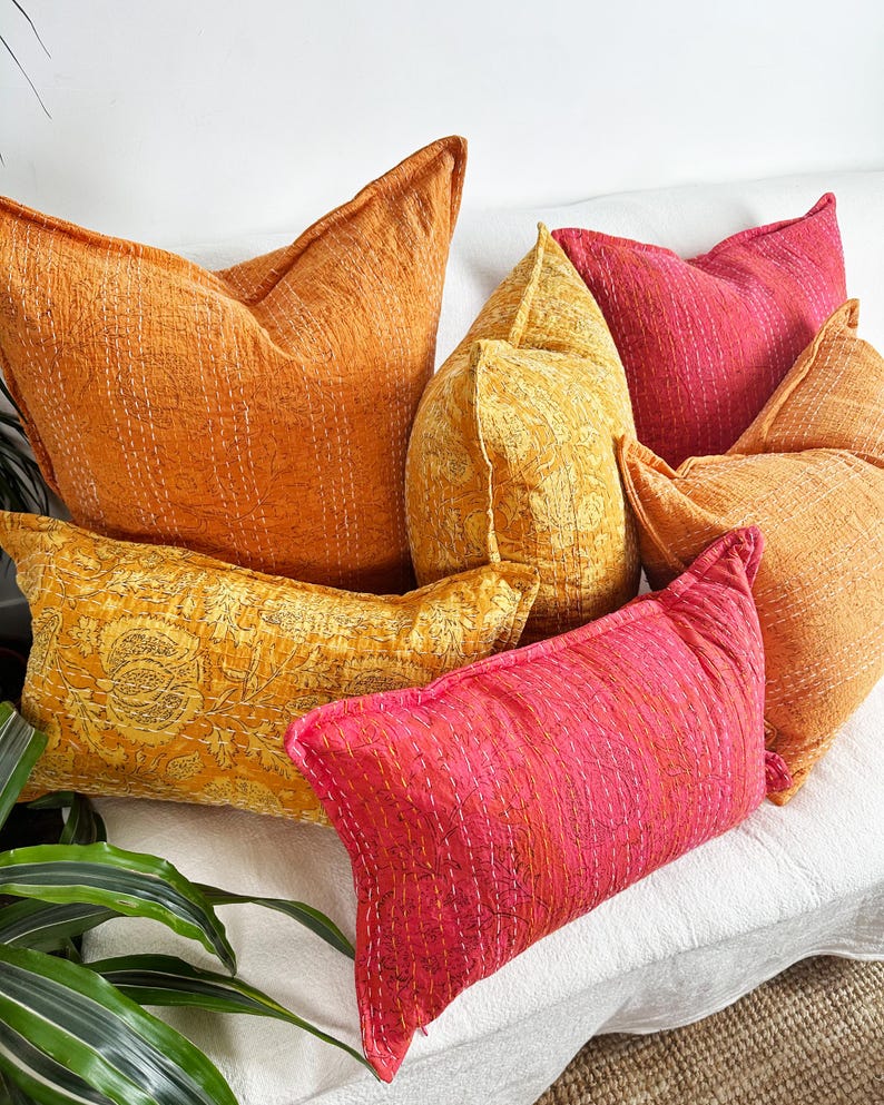 Yellow Floral Block Printed Square Cushion - Indian Cotton With Kantha Hand Stitching Detail - Handmade in the UK