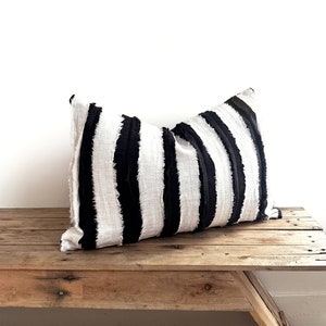 Black and White Striped Cushion Cover - 100% Linen With Textured Stripes - Lumbar Rectangular Shape - 2 Sizes Available - Handmade In The UK