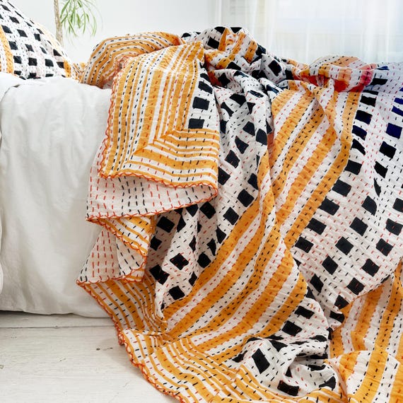 Handprinted Cotton Kantha Bedspread - Black and Yellow Geometric Squares - Large Double/King Size