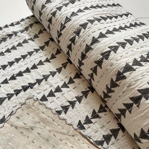 black and white monochrome pattern stripe cotton extra large kantha king size bedspread