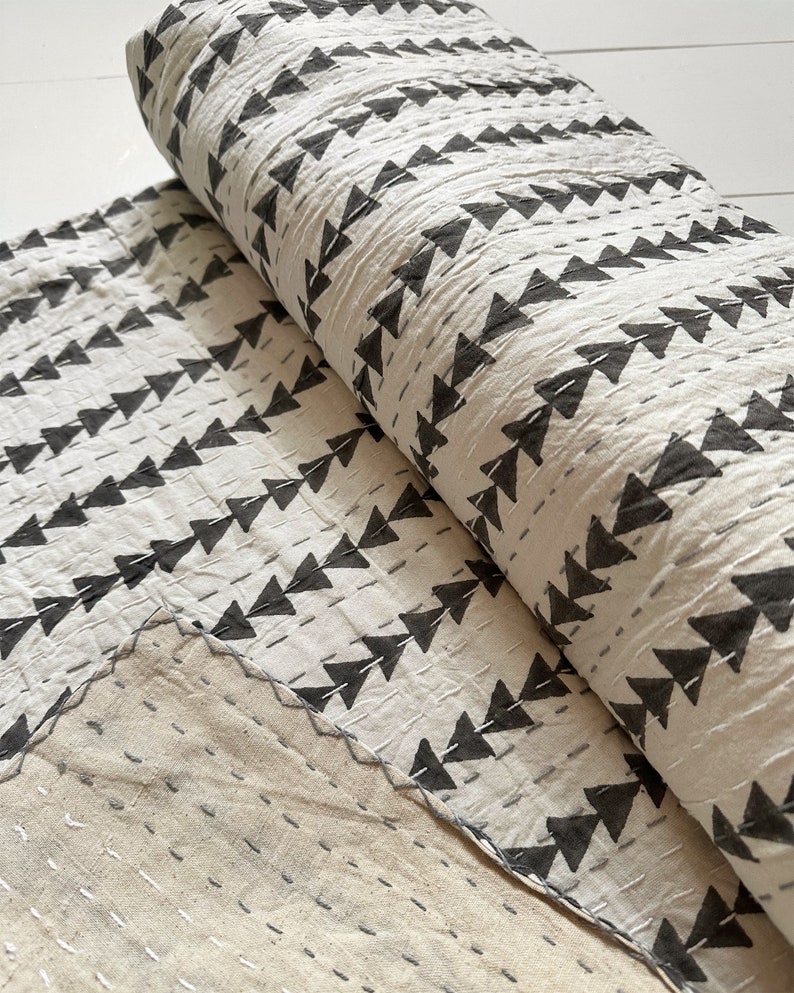 black and white monochrome pattern stripe cotton extra large kantha king size bedspread