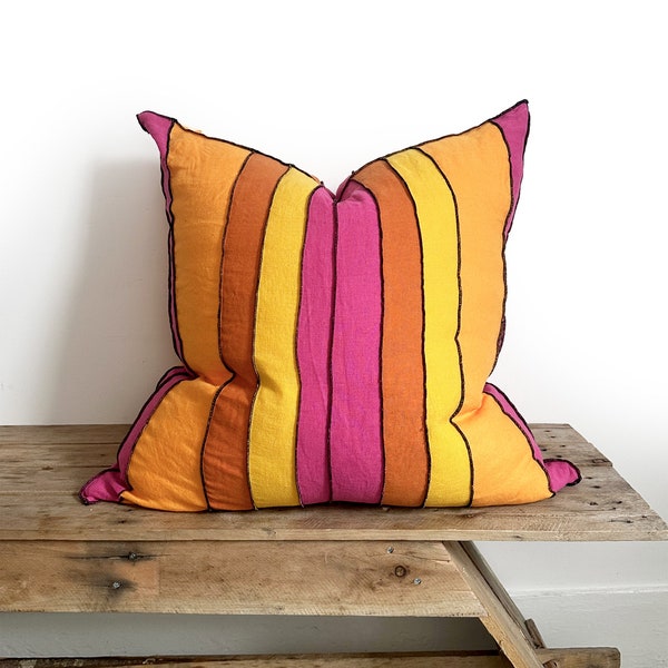 Tropical Pink and Orange Striped Cushion - 100% Linen Outer With Cotton Lining - Square 4 Sizes available - Handmade In The UK