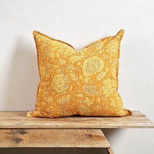 Yellow Floral Block Printed Square Cushion - Indian Cotton With Kantha Hand Stitching Detail - Handmade in the UK