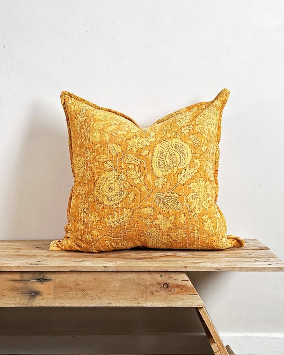 Yellow Floral Cushion Cover: Block Printed Cotton With Kantha Stitching