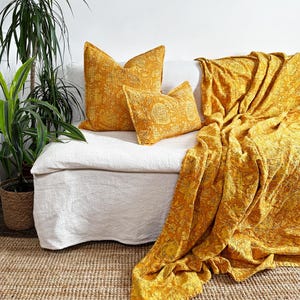 Yellow Floral Block Printed Square Cushion - Indian Cotton With Kantha Hand Stitching Detail - Handmade in the UK
