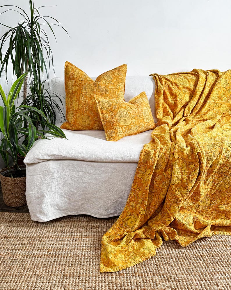Yellow Floral Block Printed Square Cushion - Indian Cotton With Kantha Hand Stitching Detail - Handmade in the UK