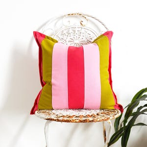 Coral Pink and Green Striped Cotton Square Cushion - Colourful Candy Stripe Colour Block - 100% Cotton - Handmade in the UK