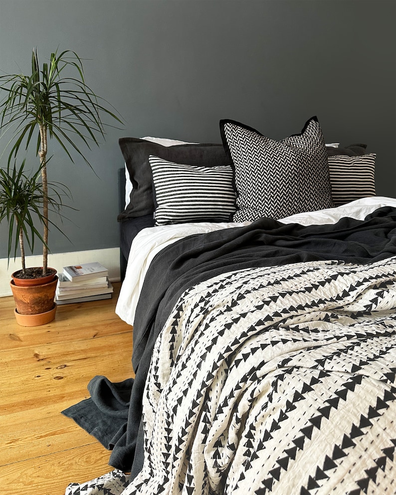 black and white monochrome pattern stripe cotton kantha king size bedspread throw blanket