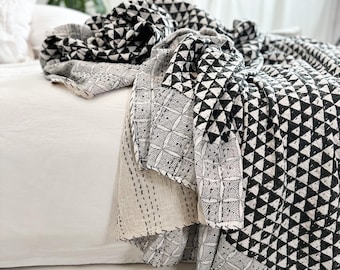Black and White Bedspread, Triangle Pattern Kantha Throw Blanket for Bed or Couch - Large King Size - Handmade, Hand Stitched Block Print