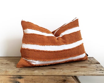 Terracotta and White Striped Textured Linen Cushion Cover, Lumbar Rectangular Shape