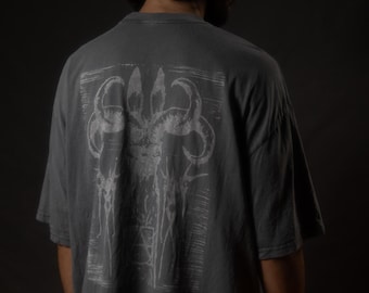Handmade Oversized Demon Rabbit Graphic T-Shirt – Unique Bleached Design – Dark Aesthetic Unisex Tee – Gothic Streetwear Apparel