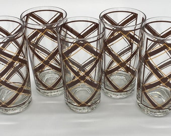 Classy MCM Georges Briard Brown Gold Plaid Tumblers Set of 5 Barware Glasses 1960