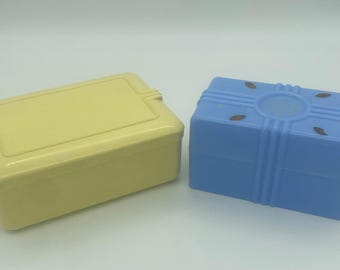 Set of 2 Vintage Celluloid Dresser Boxes Blue w Removable Tray & Yellow w Single Storage Tri State Plastic Company.