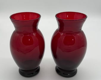 Vintage Vase Set of 2 MCM 6” Flared Royal Ruby Red Vases by Anchor Hocking