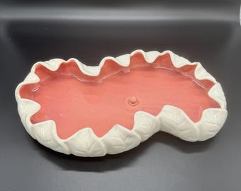 Vintage Large MCM California Pottery S-37 Anamorphic Freeform Abstract Bowl Dish Coral and White Metlox