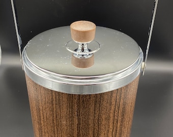 Vintage Kromex Chrome & Wood Tone Ice Bucket w Lid And Handle