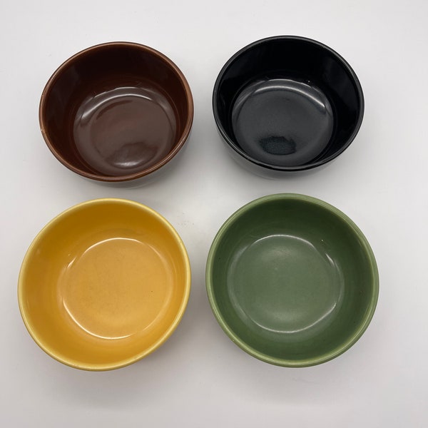 Vintage Bauer Pottery Modern Monterey 5” Cereal Bowls Yellow Green Brown Black