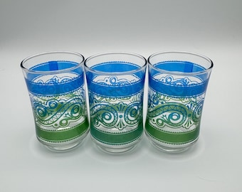 Vintage Set of 3 MCM Libbey 5oz Juice Glasses Bolero Paisley
