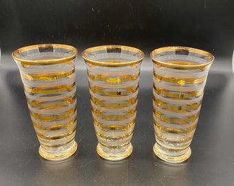 Vintage 3 Piece Set of Footed 22kt Gilt Gold & Frosted Bands Pilsner Glasses