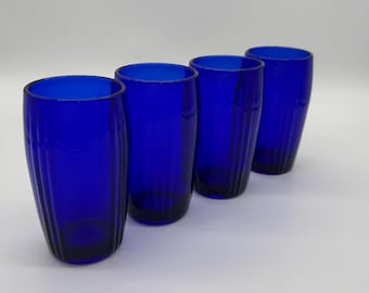 Vintage Art Deco 1930’s Set of 4 Cobalt Blue Tumblers by New Martinsville Glass Company 9oz Flat Tumblers