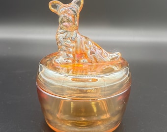 Vintage Jeanette Glass Marigold Scottie Dog Vanity Powder Jar Box With Lid