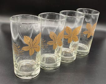 Vintage Set of 4 Libbey Glass Company Gold Leaves High Tumblers