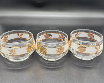 Ensemble de 3 ramequins empilables vintage rares, feuillage doré par Libbey Glass Company