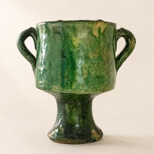 Authentic Tamegroute Pedestal Vase | Handmade Moroccan Ceramic Vase | Green & Ochre Pottery | Rustic Boho Home Decor | Artisan Clay Vessel