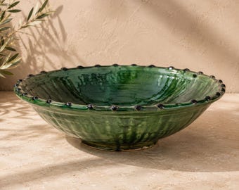 Auténtico cuenco para servir Tamegroute / Cerámica marroquí hecha a mano / Frutero de cerámica verde / Decoración rústica bohemia para la cocina / Regalo artesanal