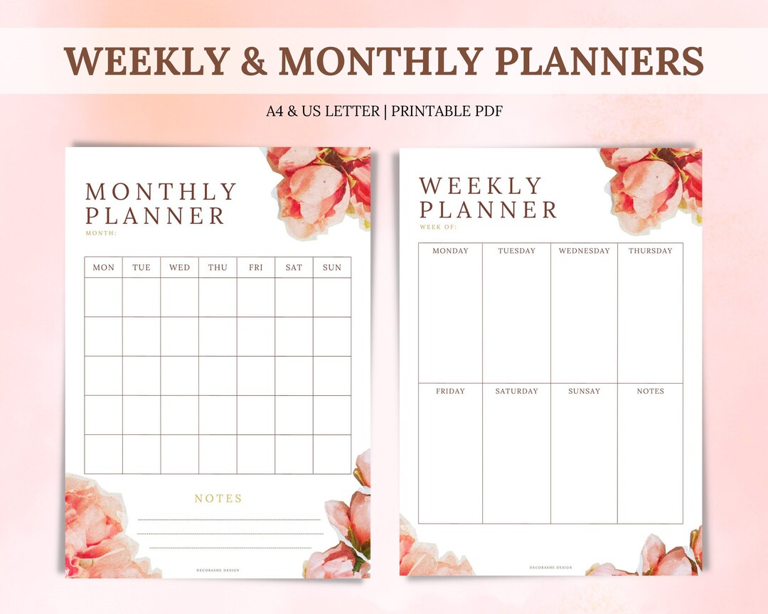 Floral Weekly and Monthly Printable Planner, A4, US LETTER ...