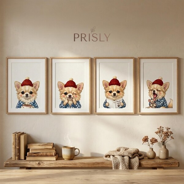 Chihuahua druckbare Wandkunst Set von 4, gemütlicher Hund Drucke, sofortiger Download