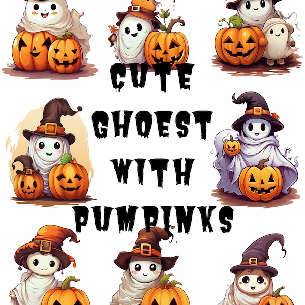 Cute ghost with pumpkin Helloween 8 PNG file design
