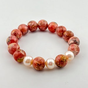 Rhodochrosite & Mother of Pearl Bracelet - Handmade Healing Crystal Jewelry, Beaded Elegance, Perfect for Emotional Balance, Gift for Her