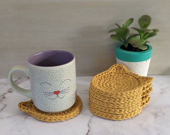 Cat Crochet Coasters (Set of 2, 4 or 6) | Handmade Crochet Cotton Cord Coffee Tea Drink Cat Coasters | Mustard, Purple and Light Grey