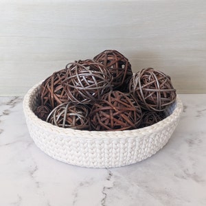 Crochet Basket Bowl | Handmade Crochet T-Shirt Yarn Storage Wide Basket Bowl | Cream and Grey