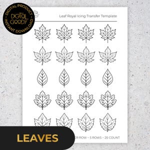Pode incluir: Uma folha branca com um desenho a traço preto de várias formas de folhas. O texto "Leaf Royal Icing Transfer Template" está no topo. A palavra "LEAVES" está na parte inferior esquerda.